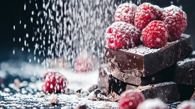 Fresh raspberries and dark chocolate with powdered sugar sprinkles