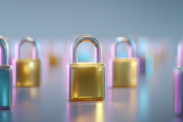 Multiple Golden Padlocks Glowing with Neon Iridescent Highlights on a Soft Purple Background, Concept of Multi-Level Security and Wealth Protection