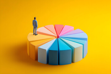 Miniature Businessman Figure Standing on Top of a Multi-Colored 3D Pie Chart over a Solid Yellow Background, Data Analysis and Market Share Concept