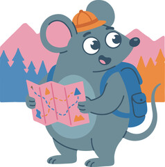 Cartoon Mouse Hiker with Map