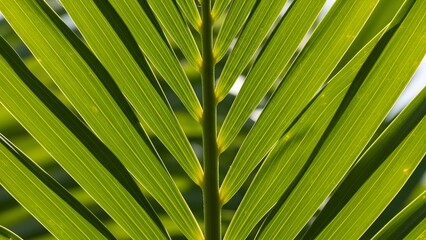 Close-up view of a vibrant green palm leaf, showcasing its intricate veined structure and tropical elegance, perfect for nature and travel themes