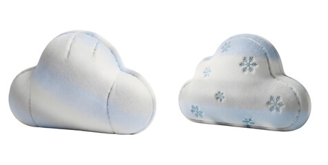 Adorable plush cloud pillows with winter snowflakes isolated on a transparent background