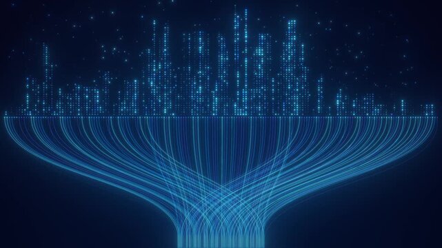 Digital Cityscape. Neural Network Data Flow Visualization. Binary Matrix Connection Lines. Abstract Technology Background for AI, Smart City, Cyber Communication and Artificial Intelligence Concept