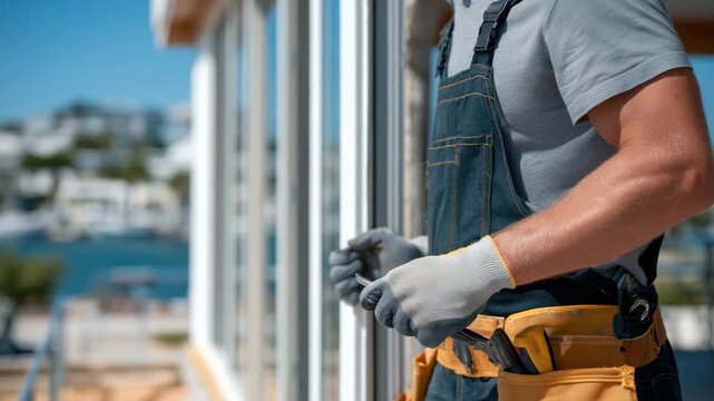 Side-profile close-up of PVC window being fitted, workman hands holding tools, frame edges and glass visible, modern exterior, typical professional installation workflow