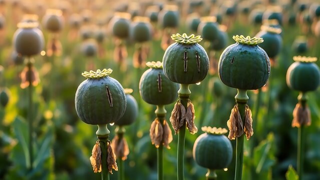 Green Poppy Seed Pods Growing in Field at Sunrise