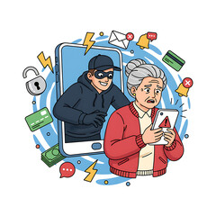 Senior Woman Targeted by Smartphone Scammer and Cartoon Online Fraud, Phishing & Cybercrime vector Illustration.