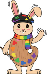Cartoon Bunny Artist with Palette and Rainbow Scarf
