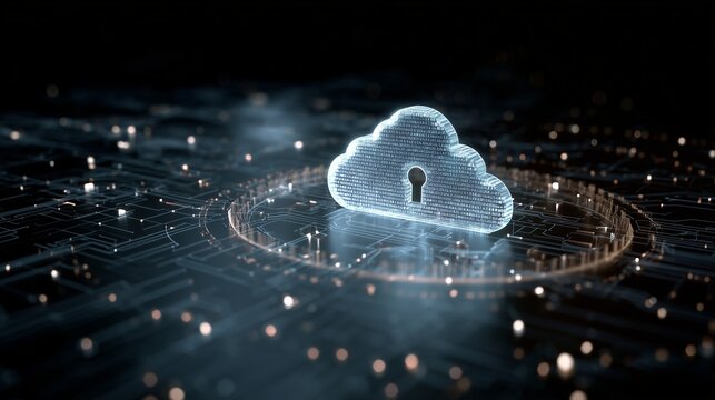 Glowing cloud with padlock hovering above circuit board, symbolizing data sovereignty and code compliance.