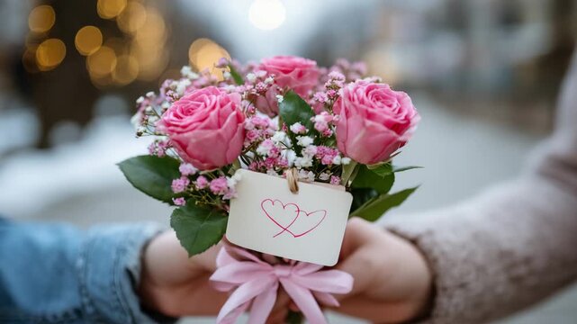 Two hands holding a bouquet of mini roses, ribbon tied with small heart-shaped tag, soft focus background