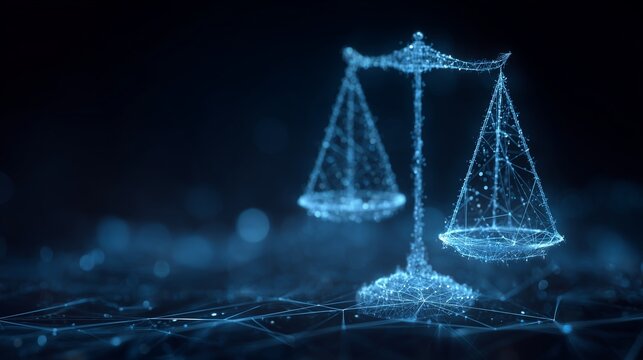Scale of justice hologram hovering above a glowing digital net, symbolizing legal compliance and code governance.