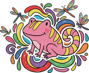Obraz premium Cartoon Pink Salamander with Dragonflies