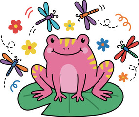 Fototapeta premium Cartoon Pink Salamander with Dragonflies
