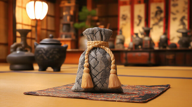 dohyo. Salt pouch and decorative belt on a sumo ring, traditional Japanese elements, ceremonial arrangement. event key visuals.