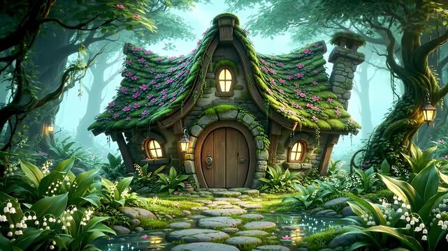 Whimsical moss-covered cottage tucked among glowing forest trees at twilight