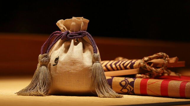 dohyo. Salt pouch and decorative belt on a sumo ring, traditional Japanese elements, ceremonial arrangement. event key visuals.