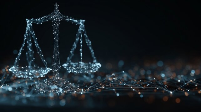 Scales of justice formed by glowing digital nodes above a network grid, symbolizing legal code compliance and cybersecurity governance.