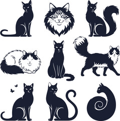 A collection of nine stylized black and white illustrations depicts various feline poses and breeds showcasing different cat appearances high-quality professional detailed modern elegant