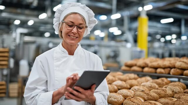 Wide close-up of female food technologist standing at bakery display, tablet in hand, rows of freshly baked bread in trays, modern factory interior, professional banner composition