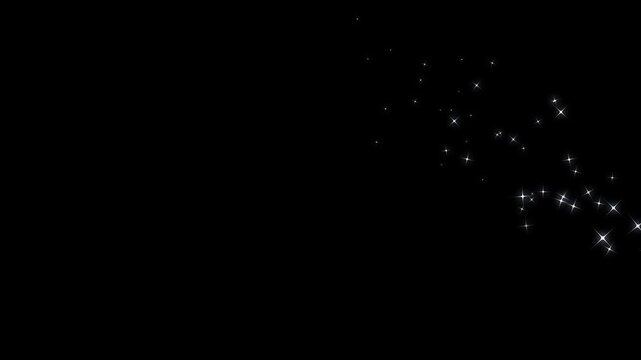 4k glowing white glitter particle star trail animation, magical fairy dust trail, 2d blinking cartoon doodle stars, smooth sparkle transition effect for motion design on black screen
