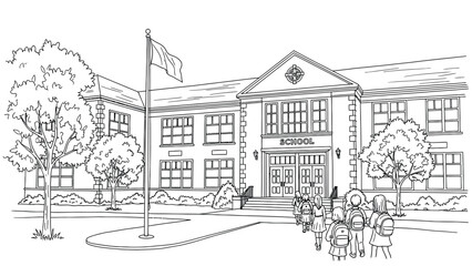 Fototapeta premium Group of children with backpacks walk toward a large school building with a flagpole and trees. The scene conveys a sense of anticipation and routine.