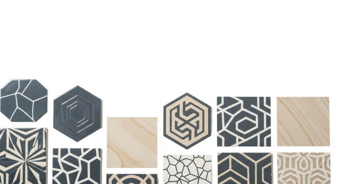 ultra-detailed overhead flat lay of geometric high-gloss slate grey and matte beige ceramic tile samples, showcasing surface texture and contrast on a white background with copy space, concept for