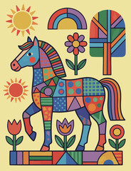 Colorful Patchwork Horse in a Whimsical Landscape