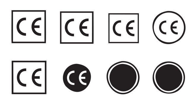 Collection of CE certification symbols in various design styles and shapes