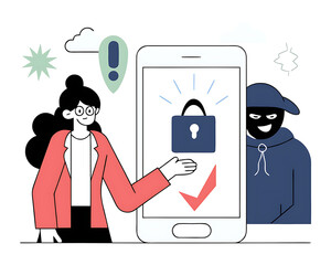 An young Woman Targeted by Smartphone Scammer and Cartoon Online Fraud, Phishing & Cybercrime line art vector Illustration.