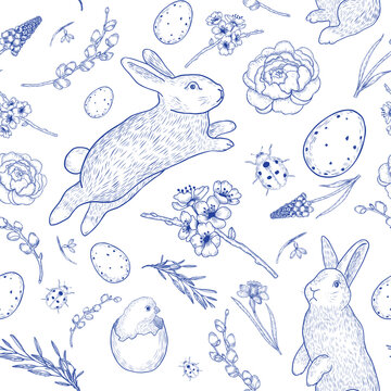 easter bunny and flowers seamless pattern