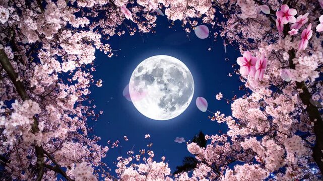 春の夜桜と桜の花びらパーティクルアニメーション：満月　お月見