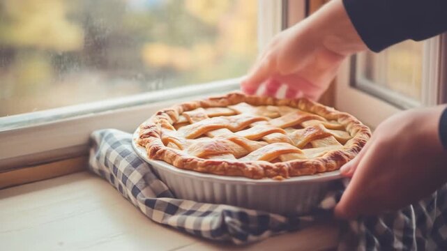Freshly baked apple pie on a windowsill with natural daylight
