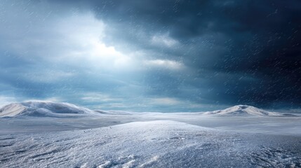 Fototapeta premium Serene and Dramatic Winter Landscape with Snow-Covered Hills Under a Moody Skyscape and Gentle Flurries of Falling Snow