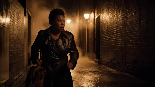figure walk in coat carrying bag through alley. brick wall borders alley. steam rises near lamp above cobblestone. silhouette outlined by lamp light and wet brick reflection. puddle mirror lamp glow.
