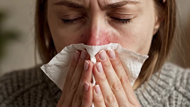 Close-up of a sick woman holding a tissue to her red nose. Female suffering from cold or flu symptoms indoors. Seasonal allergy and rhinitis concept
