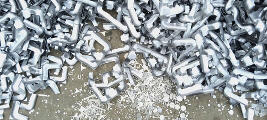 Pile of industrial metal scrap pieces on concrete floor