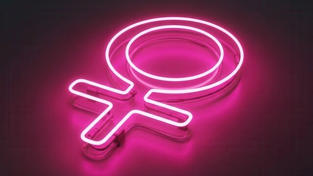 Illuminated neon female gender symbol glowing with vivid magenta light representing identity and