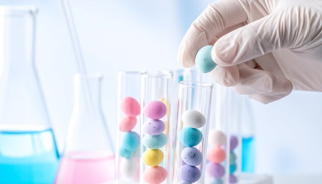 Scientist hand in glove holding test tube filled with colorful chocolate candies in modern laboratory representing food science concept