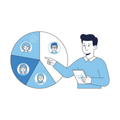 Young Professional with Tablet Analyzing People Diagram and there is Flat Vector Business Data Analysis & HR Infographic on white