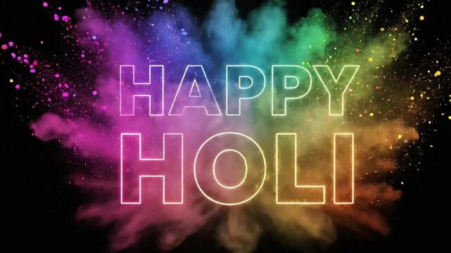 Holi neon smoke typography video motion animated footage and animation with vibrant festival letters on dark background for celebration and digital marketing design