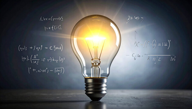 Leuchtende Glühbirne umgeben von mathematischen Gleichungen