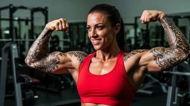 Fit woman with tattoos flexing muscles at the gym
