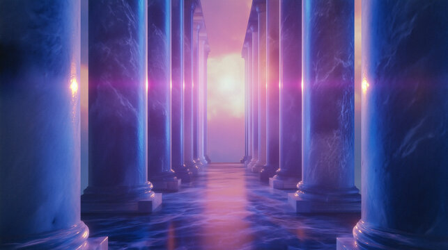 Babylon walls ornament inside Pergamon museum Berlin glowing in neon tones, palette of violet, cyan, and hot pink, trendy digital historical artwork, AI generated
