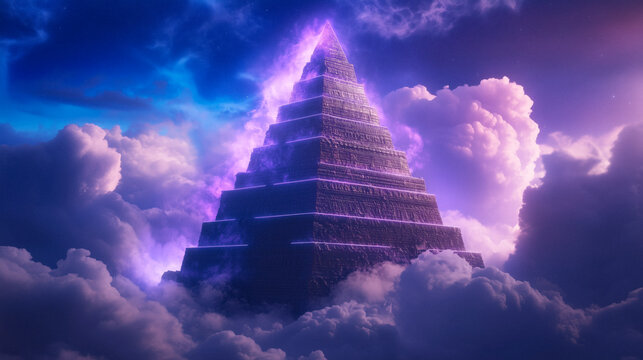 Tower of Babel as religion concept glowing in neon tones, palette of violet, cyan, and hot pink, trendy digital artwork, AI generated