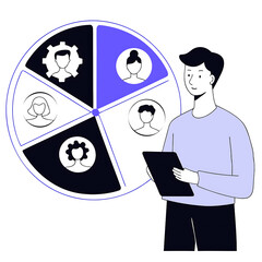 Young Professional with Tablet Analyzing People Diagram and there is Flat Vector Business Data Analysis & HR Infographic on white