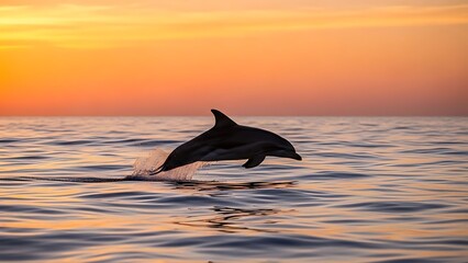 Fototapeta premium A dolphin leaps from the ocean, silhouetted against a fiery orange and yellow sunset sky