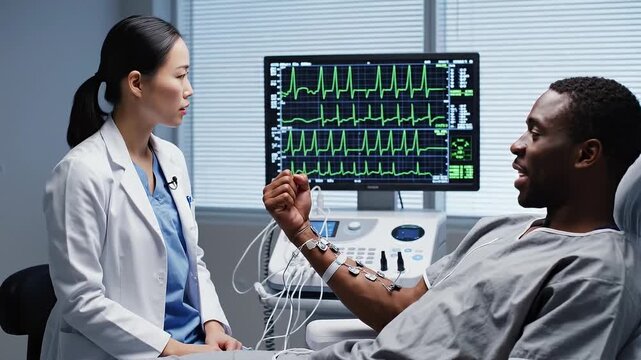 A female doctor in a white coat discusses electromyography results with a male patient in a medical setting showing muscle activity on a monitor.