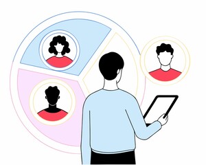 Young Professional with Tablet Analyzing People Diagram and there is Flat Vector Business Data Analysis & HR Infographic on white