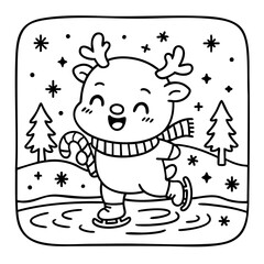Naklejka premium A cheerful reindeer skating on ice, wearing a scarf, with trees and snowflakes in a wintery scene.