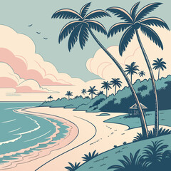 Obraz premium Modern flat vector illustration of a tropical beach landscape featuring smooth sand curves and calm ocean.