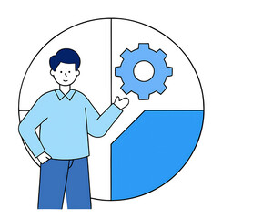 Young Professional with Tablet Analyzing People Diagram and there is Flat Vector Business Data Analysis & HR Infographic on white